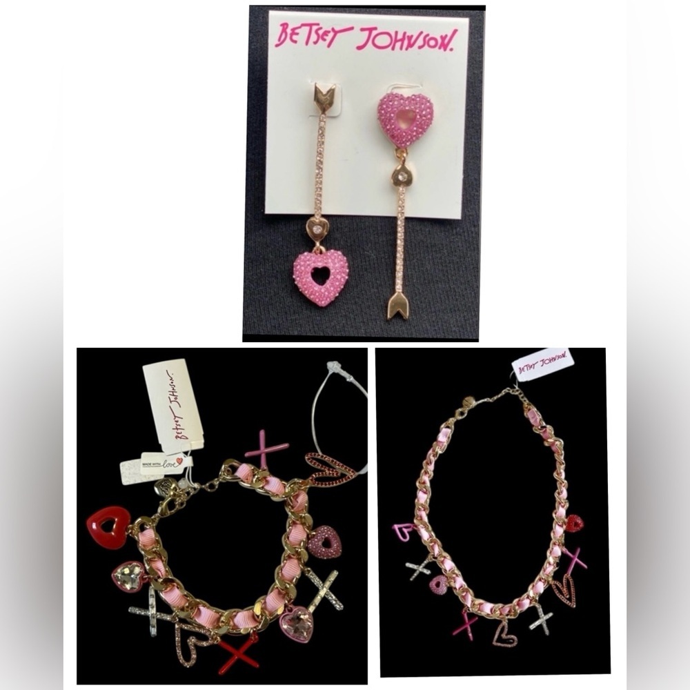 BETSEY JOHNSON SET Love XOX Charm Ribbon Necklace Bracelet & Earrings NEW NWT